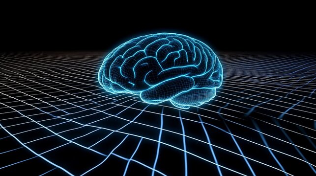 Human brain visualized, glowing, floating on a grid in a futuristic digital space
