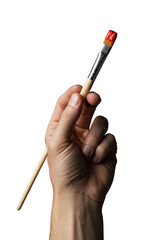Adult artist's hand with light skin tone holding a fine-tipped paintbrush with wet, glistening red acrylic paint, isolated on a transparent background, extreme close-up concept of artistic precision