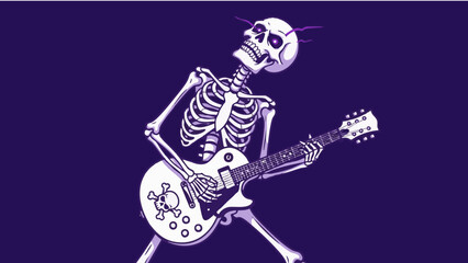 A skeleton with horns is playing a white electric guitar against a dark purple background image scene