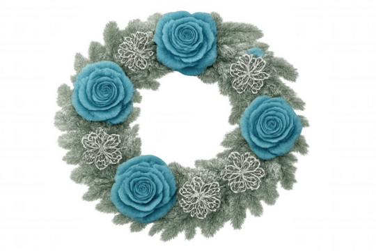 Christmas wreath featuring turquoise roses and silver blossoms, adorning festive decor with elegant transparent background design