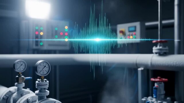 Visualization of ultrasonic acoustic signals revealing leak locations on cryogenic hydrogen pipelines within a test loop station.