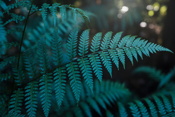 A close up of a vibrant green fern with water droplets, set against a blurry background of foliage