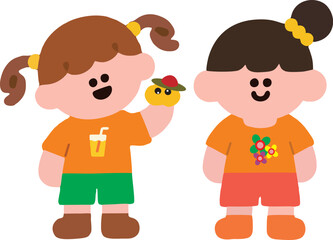 Flat Vector Illustration of Cute Cartoon Girls Characters