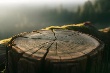 textured tree stump with rings and cracks, softly lit against a blurred green forest background