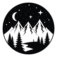 Black and White Mountainscape Featuring Crescent Moon, Starry Sky, River, and Pine Trees © kanchanrani