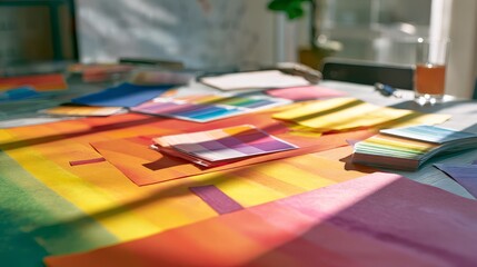 Creative workspace with color swatches and design tools, minimalist studio setting with directional lighting, abstract concept of graphic design