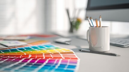 Creative workspace with color swatches and design tools, minimalist studio setting with directional lighting, abstract concept of graphic design