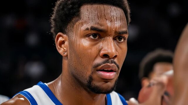 An intense close up of a focused and determined african american basketball player sweating during a competitive and physically demanding professional game showing raw emotion and passion