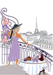 Series of backgrounds with french architecture decorated with flowers, beautiful girls in Paris and street cafes. Hand drawn vector illustration.