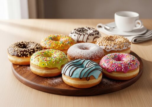 Assorted colorful donuts with sprinkles on wooden board with coffee — close-up
