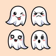 Four adorable cartoon ghosts with different facial expressions and emotions, perfect for Halloween.