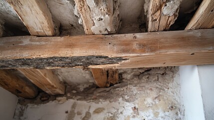 Wooden beam propped under cracked ceiling as temporary support