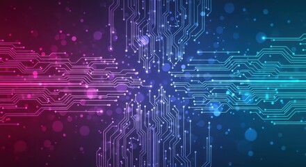 Neon circuit board cross with magenta and cyan glow, dark gradient tech background with bokeh, futuristic digital network for technology, AI and cybersecurity banners