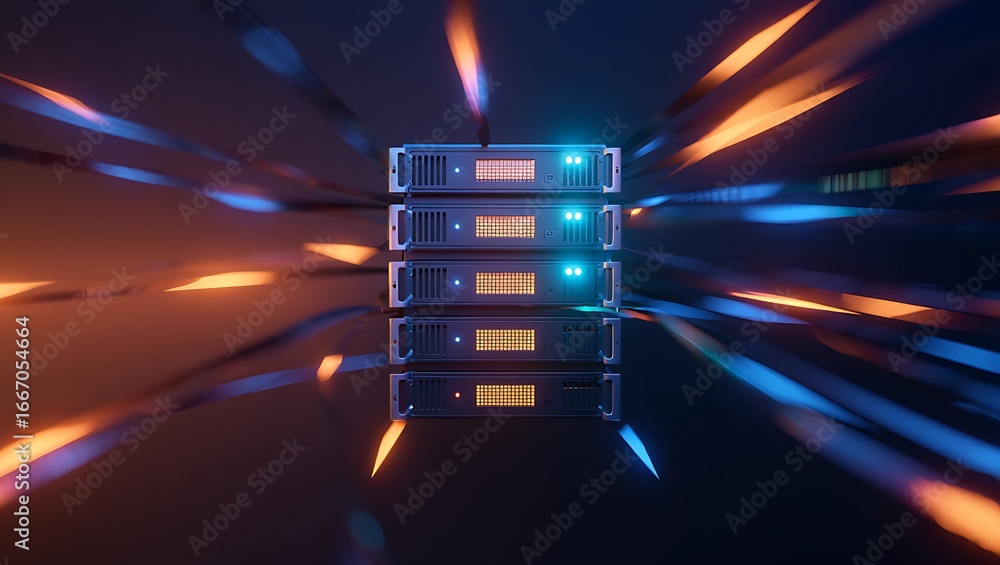 Poster modern server rack with glowing blue and orange lights emanating outwards symbolizing data transfer 
