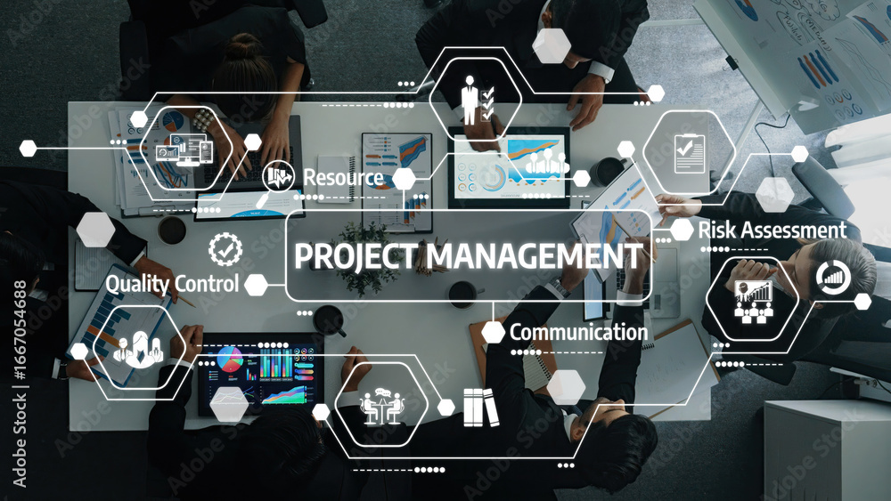 Poster a dynamic view of a project management meeting featuring professionals collaborating with technology