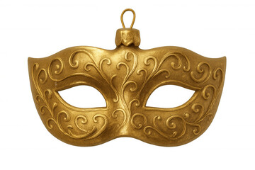 Elegant golden venetian mask hanging like a christmas ornament, isolated on a transparent background