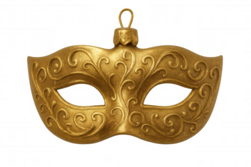 Elegant golden venetian mask hanging like a christmas ornament, isolated on a transparent background