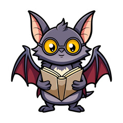 Magical Bat Vector Illustration Wearing Tiny Glasses Reading Spellbook | Cute Halloween Witchcraft Animal Design for Kids and Print
