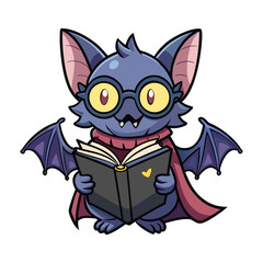 Magical Bat Vector Illustration Wearing Tiny Glasses Reading Spellbook | Cute Halloween Witchcraft Animal Design for Kids and Print