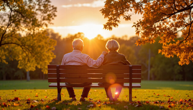 Elderly couple enjoying retirement sitting on bench in park at sunset, golden hour shining through trees. Tranquil scene Elderly couple shares quiet moment of love and togetherness in golden light.