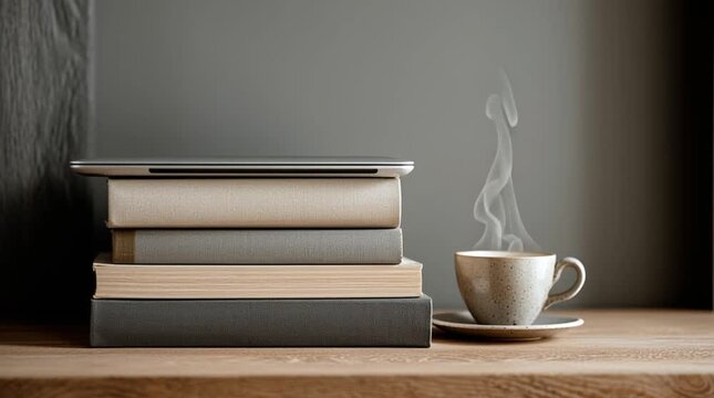 minimalist workspace composition a cup of coffee and books generative ai