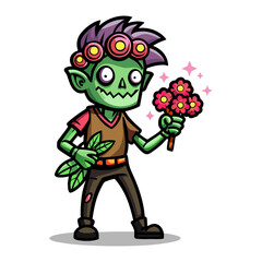 Unique friendly zombie character holding glowing bouquet of magical flowers, cute spooky vector illustration for Halloween, fantasy, t-shirt, and stickers