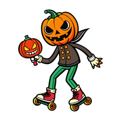 Funny Jack-o’-Lantern Pumpkin on Roller Skates Holding Candy Vector Illustration for Halloween Party, Trick or Treat Designs