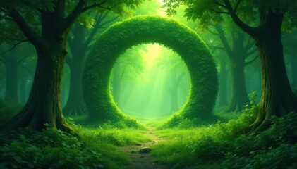 Lush green circle, divine center, mystical forest, soft light, fantasy, holy