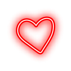 A bright red neon heart shape with a glowing aura on a white background, symbolizing love and affection.