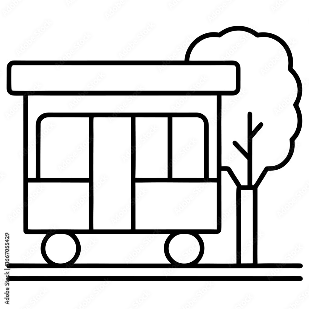 Poster minimal outline icon of a bus stop with a tree