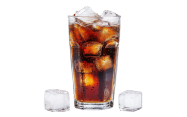Cola in glass with ice on white background,png