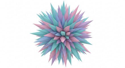 Obraz premium Abstract 3D render of a spiky starburst shape with pastel colors of blue, pink, and green against a white background.