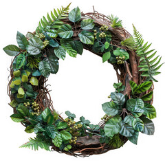 Fototapeta premium A beautiful green wreath made of natural branches and lush foliage, adorned with small berries, perfect for home decoration isolated on transparent background