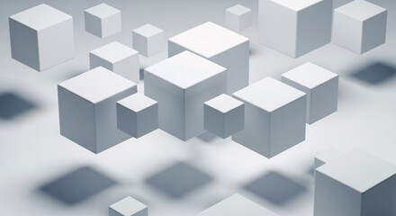 Obraz premium Abstract geometric design featuring numerous white cubes in various sizes, creating a sense of depth and floating forms.