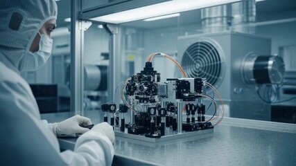 Quantum cryptography payload equipped with singlephoton detectors examined carefully in a contaminationcontrolled clean bench laboratory.