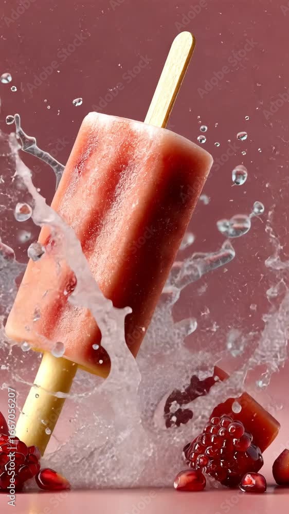 Aufkleber refreshing popsicle with pomegranate and raspberry splash on pink background