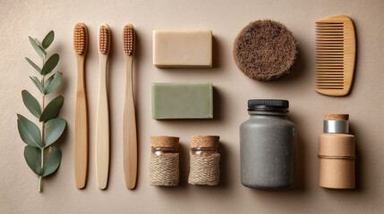 Flatlay of bamboo toothbrushes and natural soap on beige background with cork containers