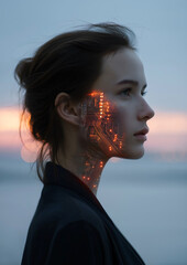 Woman profile with glowing red circuitry overlay on her face at sunset, futuristic and digital concept