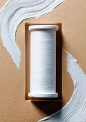 White cylinder tube centered in kraft tray on sand background with abstract paint textures, top view