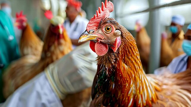 Veterinarian at a chicken farm. Selective focus. animal.