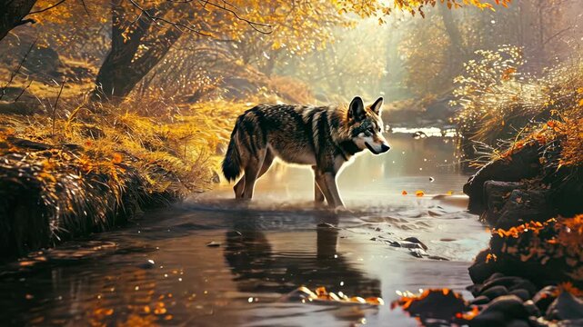 wolf in the forest near the river. Selective focus. animal.