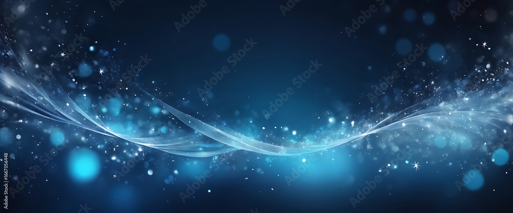 Poster abstract blue banner background with a glowing light wave and sparkling particles.