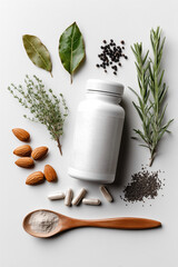 Natural Wellness Supplement with Leaves, Capsules, and Herbs Flatlay