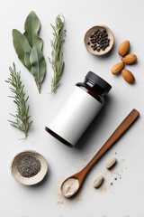 Herbal supplement bottle and ingredients with capsules on white background, wellness and health theme