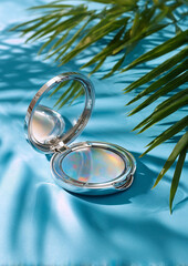 Shiny compact mirror with iridescent lid on teal fabric under palm shadows, summer beauty product concept