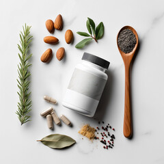 White Supplement Bottle with Herbs, Nuts and Capsules on White Background