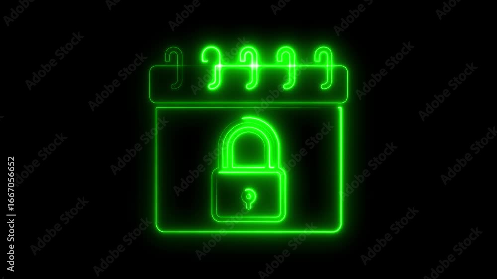 Poster animated neon green calendar icon with a lock symbolizing security or a deadline.