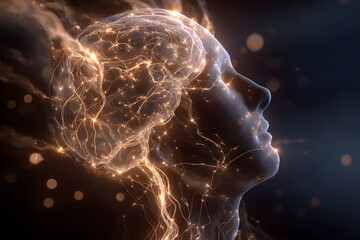Human head with glowing neurons in brain. Esoteric ad meditation concept. Connction with other worlds