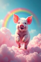 Pink piglet joyfully trots on fluffy rainbow clouds, sun, soaring