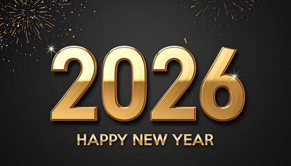 Happy New Year 2026 text design. Gold 2026 digits against black background. Golden fireworks celebrate New Year. Festive design.